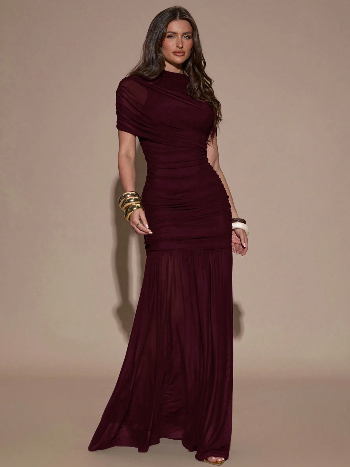 Lauren High Neck Ruched Maxi Dress