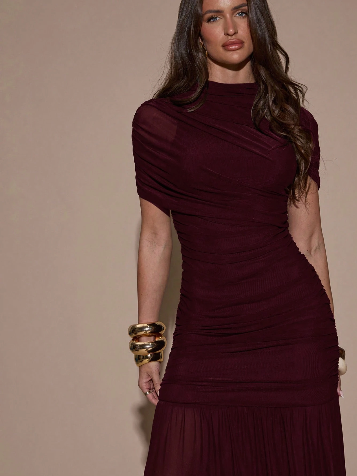 Lauren High Neck Ruched Maxi Dress