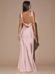 Sandra Satin Deep V Backless Maxi Dress - Blush