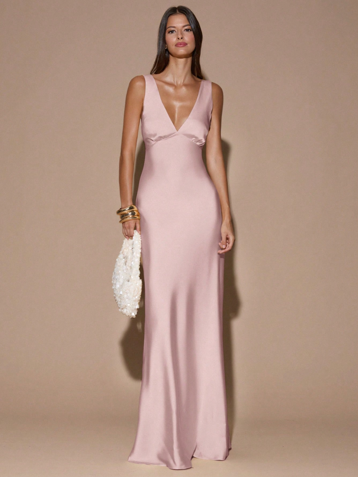 Sandra Satin Deep V Backless Maxi Dress - Blush
