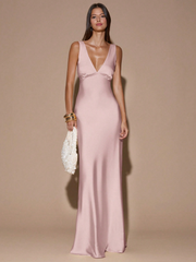 Sandra Satin Deep V Backless Maxi Dress - Blush