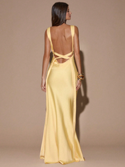 Sandra Satin Deep V Backless Maxi Dress - Yellow