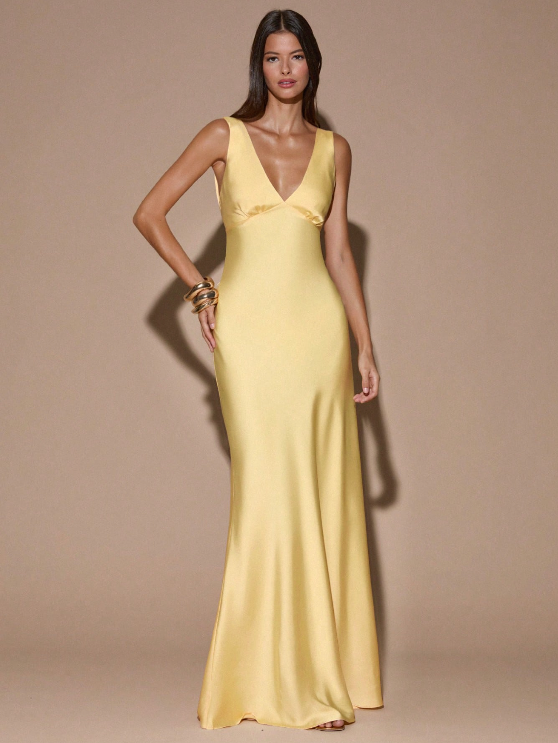 Sandra Satin Deep V Backless Maxi Dress - Yellow