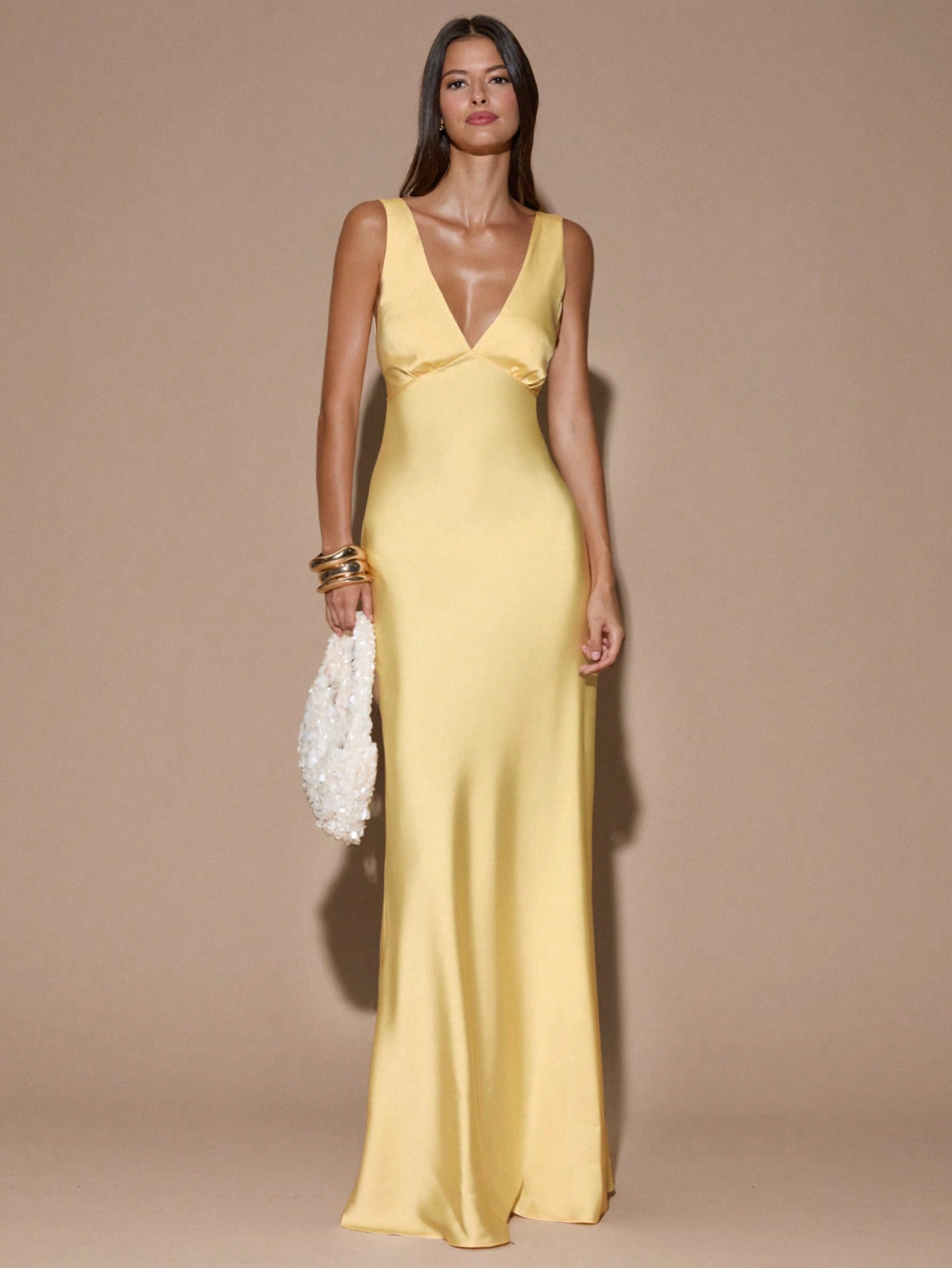 Sandra Satin Deep V Backless Maxi Dress - Yellow