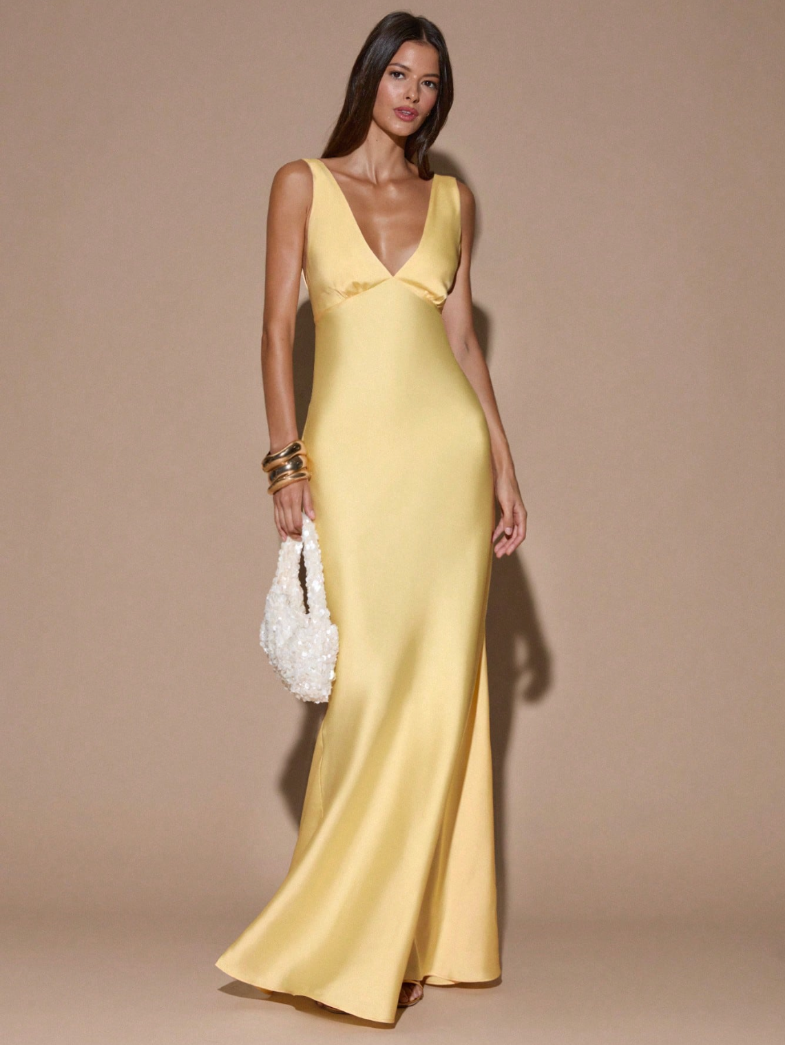 Sandra Satin Deep V Backless Maxi Dress - Yellow