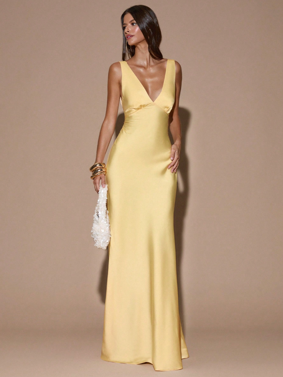 Sandra Satin Deep V Backless Maxi Dress - Yellow