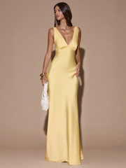 Sandra Satin Deep V Backless Maxi Dress - Yellow