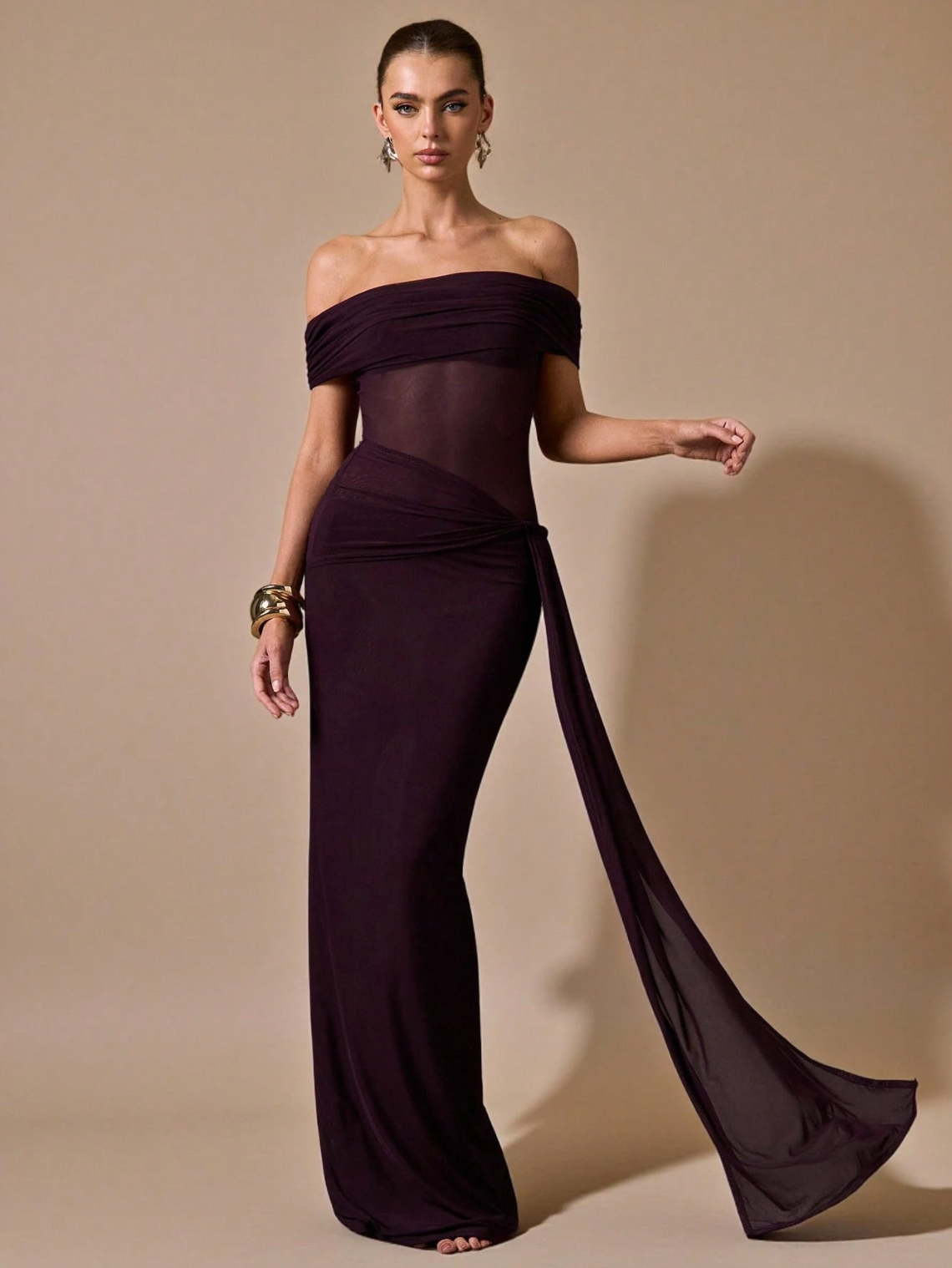 Yasmine Off-Shoulder Mesh Draped Maxi Dress
