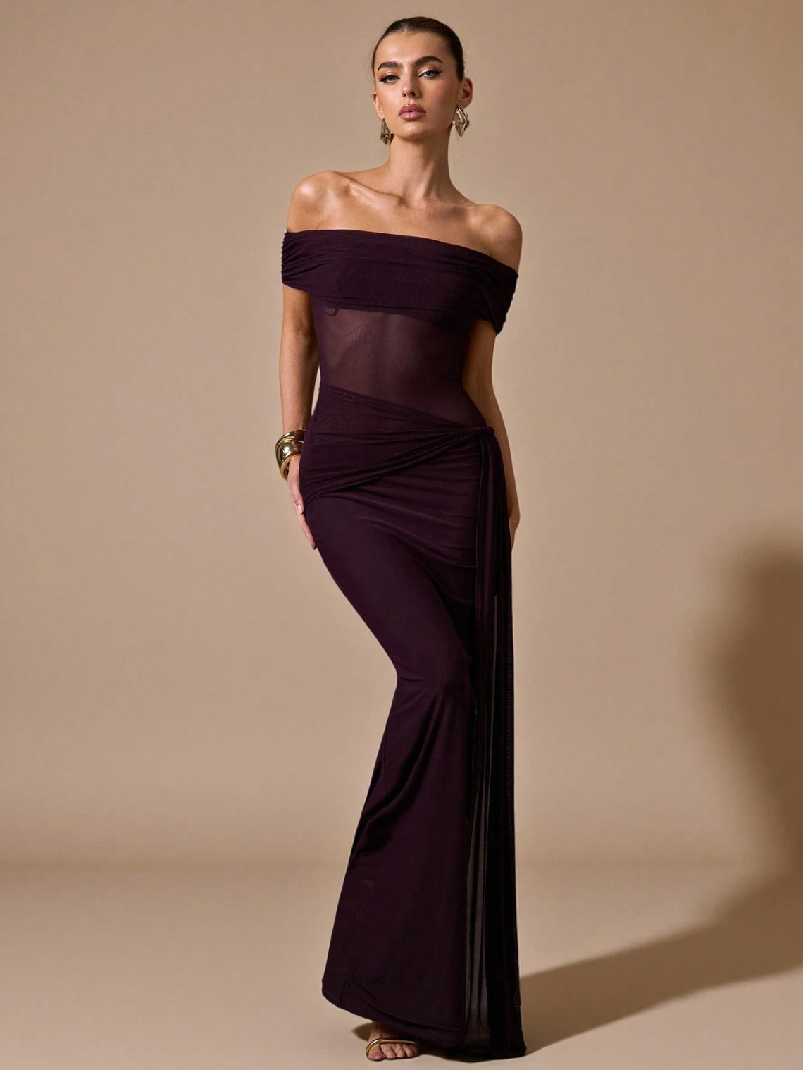 Yasmine Off-Shoulder Mesh Draped Maxi Dress