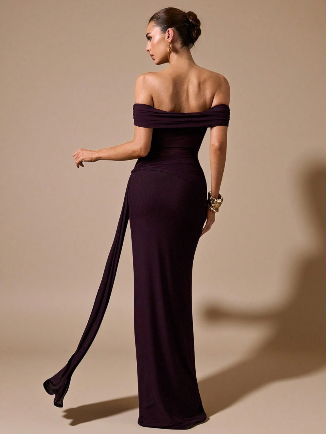Yasmine Off-Shoulder Mesh Draped Maxi Dress