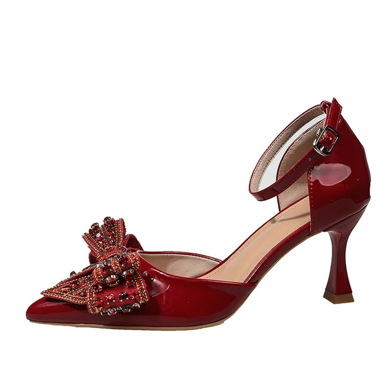 Rhinestone Bowknot High Heels Wedding Party Prom Shoes Elegant Pointed Toe Slingback Sandals