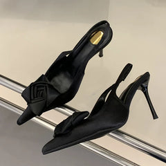Design Satin Square Flower Pointed Toe Slingback Sandals
