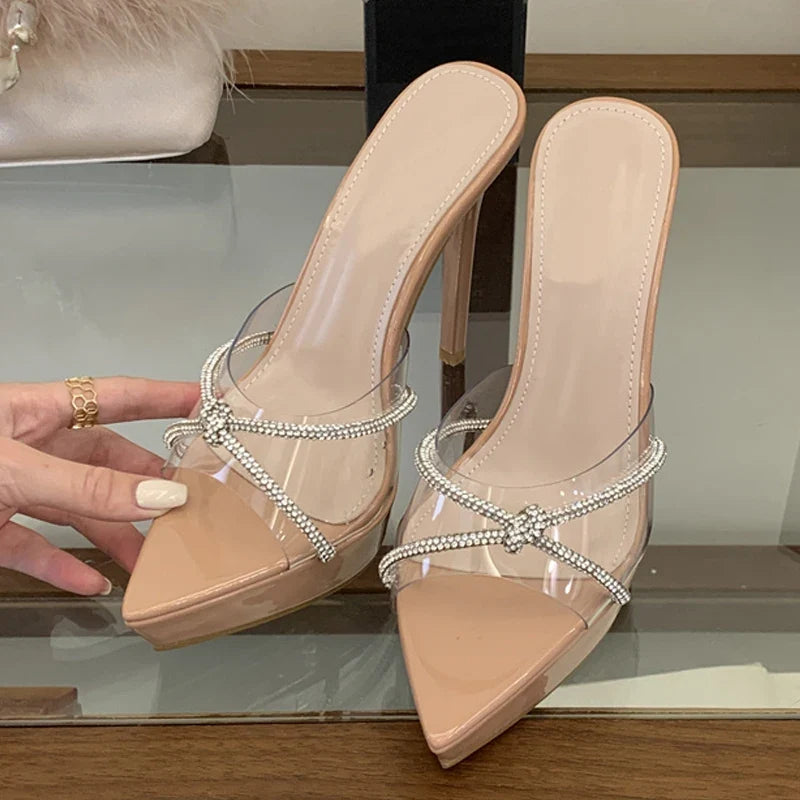 Rhinestone Cross Strap Transparent Slippers
