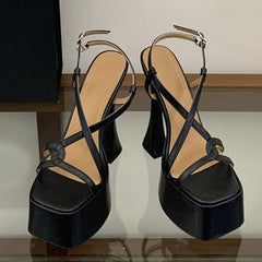 Black White Narrow Band Back Buckle Strap Women Platform Sandals