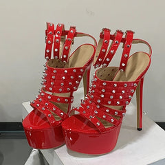Design Metal Rivet Ankle Strap Platform Sandal Women Sexy Peep Toe 17CM Red High Heels Party Strip Pole Dance Shoe