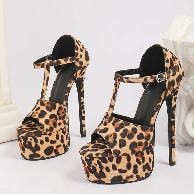 Sexy Leopard Print Platform High Heels Party Nightclub Stripper Shoes Peep Toe Buckle Strap Sandals