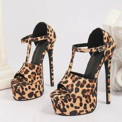 Sexy Leopard Print Platform High Heels Party Nightclub Stripper Shoes Peep Toe Buckle Strap Sandals