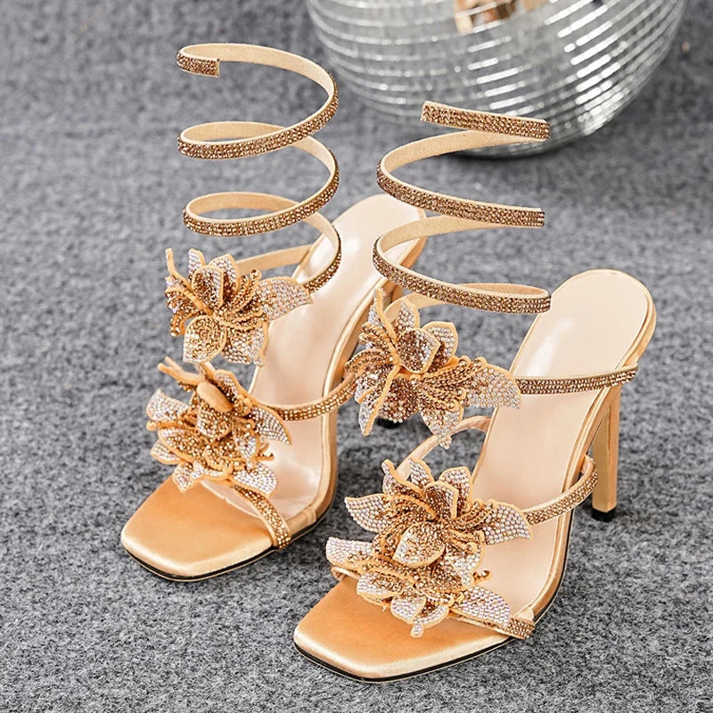 Gold Sexy Rhinestone Flower Thin High Heels