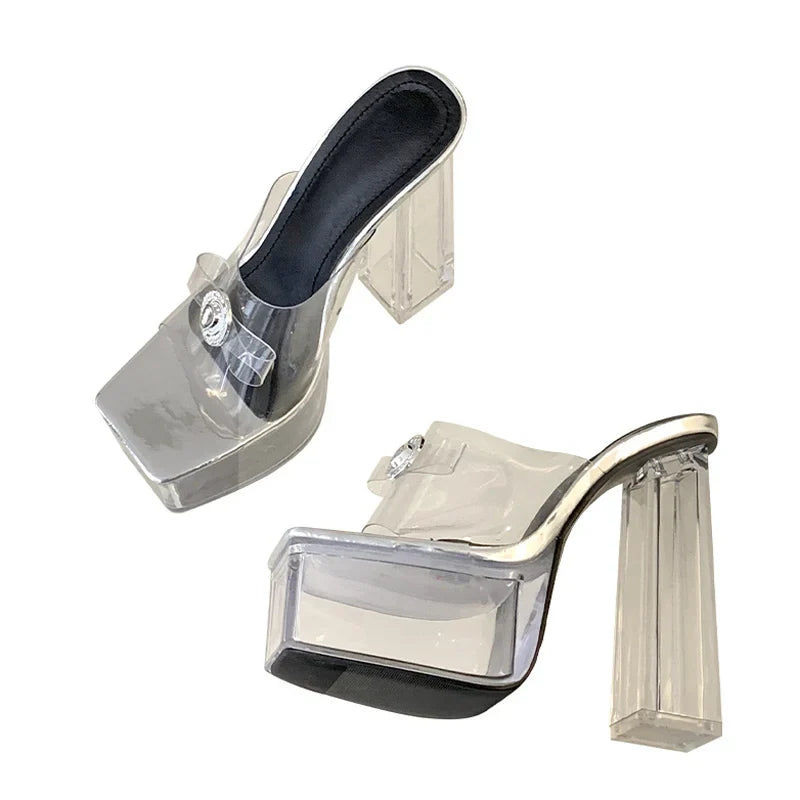 Transparent Chunky High Heels Modern Slippers Ladies Metal Buckle Square Toe Platform Sandals