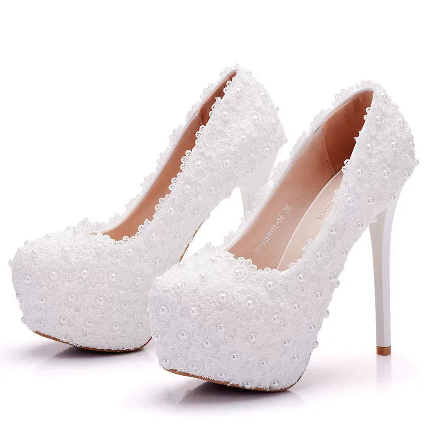 Spring round toe shallow pearl lace flower waterproof table wedding shoes banquet dress large size thin high-heeled women's shoe