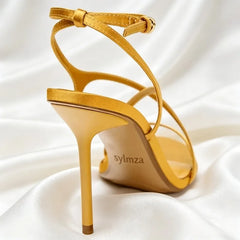 Sexy Yellow Cross Tied Heel Sandals
