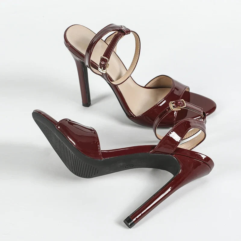 Wine Red Patent Leather Ankle Strap Designer High Heels Gladiator Sandals