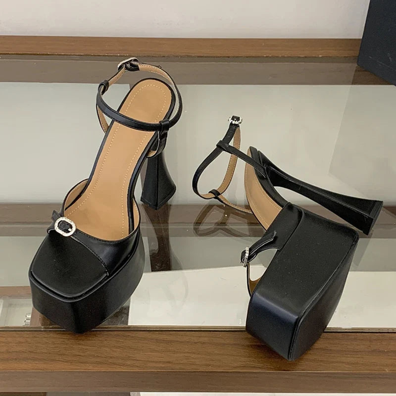 Summer Sexy Thick Bottom Square Toe 16CM Chunky High Heels Wedding Prom Shoe Crystal Buckle Platform Sandals