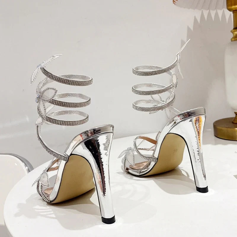 Crystal Butterfly Open Toen Thin High Heels Rhinestone Snake Coiled Ankle Strap Sandals