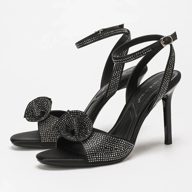 Elegant Rhinestone Flower Embellished High Heeled Sandals