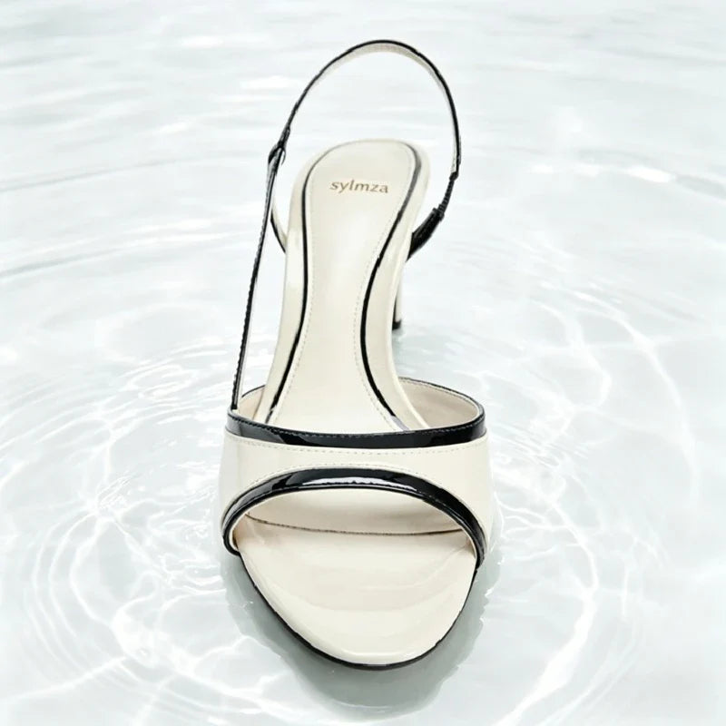 Black White Colorblock Slingback Heeled Sandals