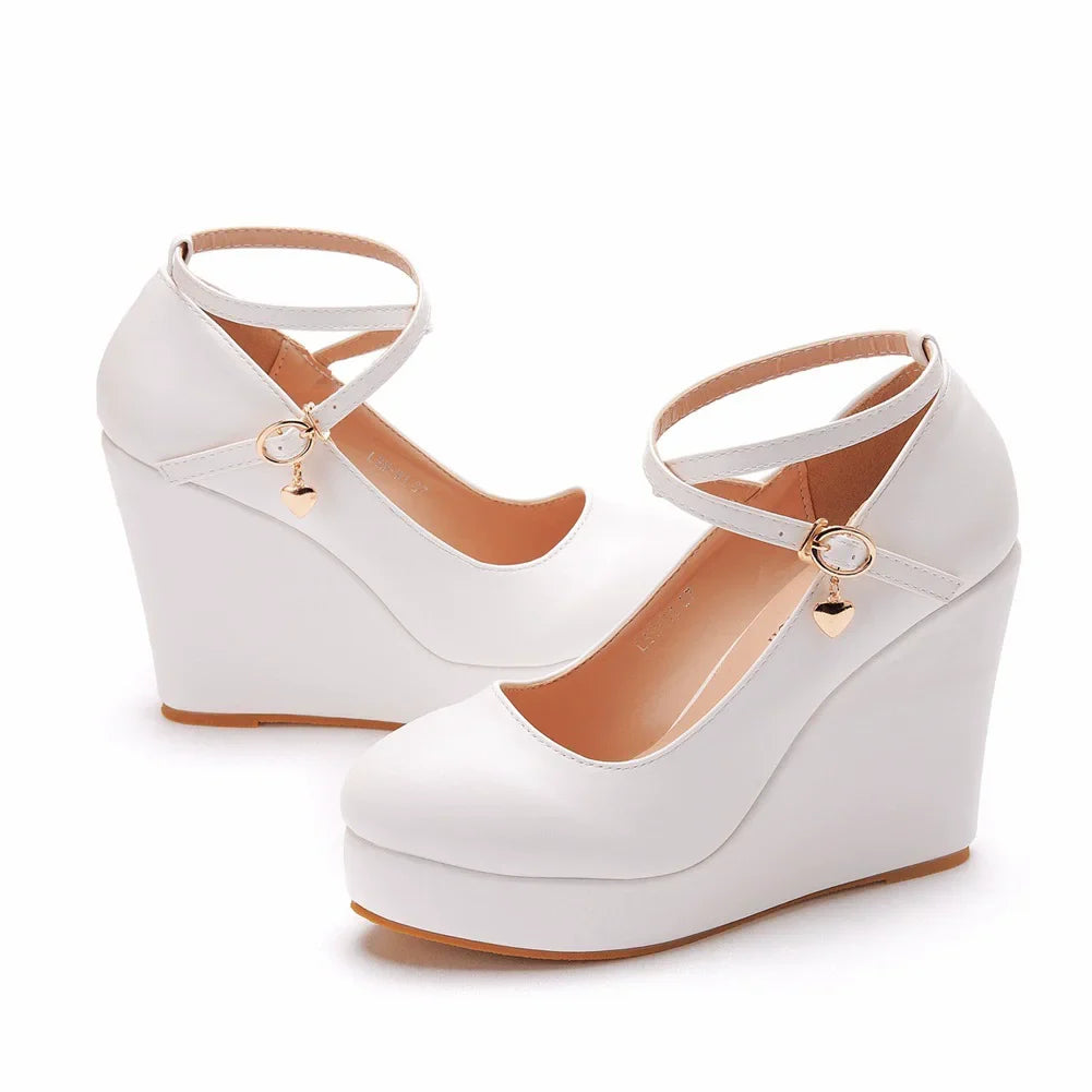 Wedge heel shoes spring white PU round toe cross-band wedding shoes