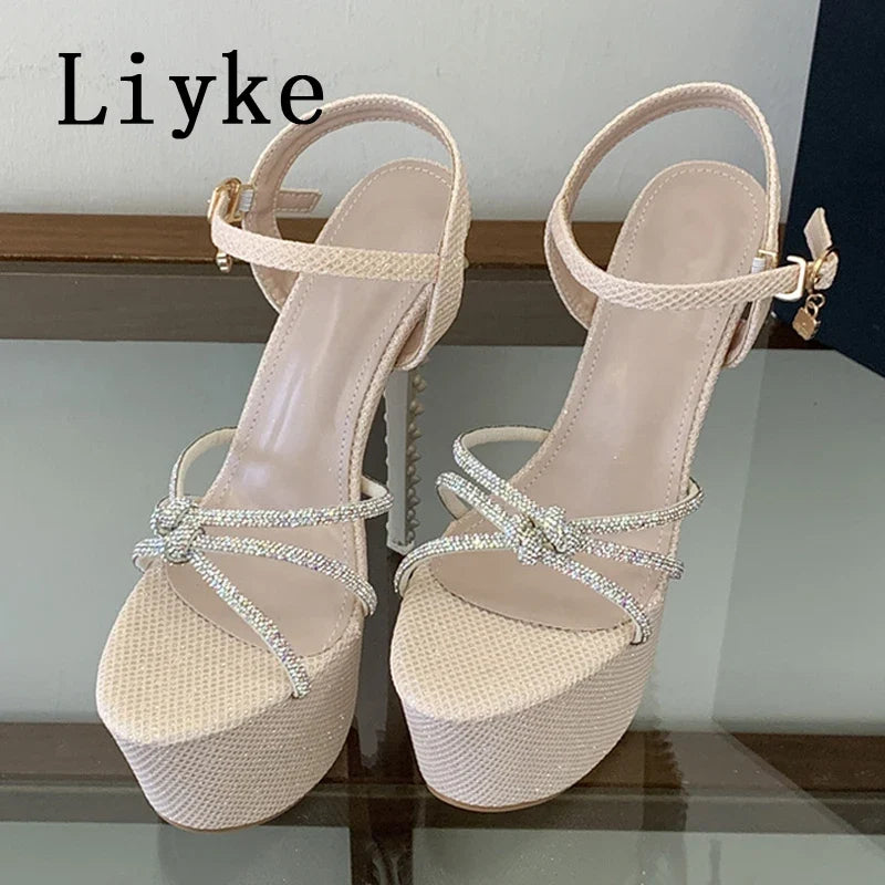 Summer Rhinestone Narrow Band Women Sexy 17CM Rivet Stiletto Sandals