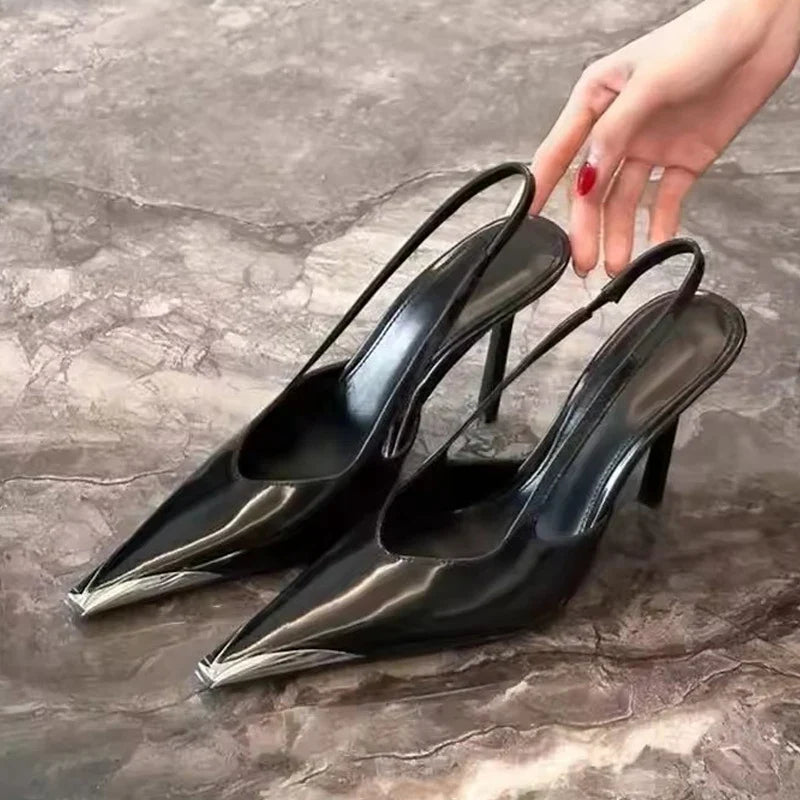 Design Metal Pointed Toe Black High Heels Sexy Slingback Sandals