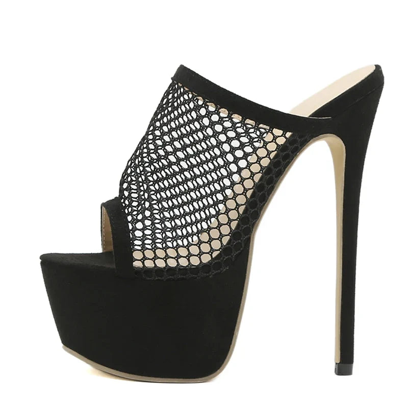 Peep Toe Platform Heels Black Mesh Slippers Summer Sandals