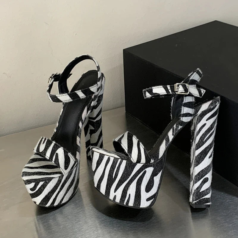 Zebra Stripe Furry Platform Sandals