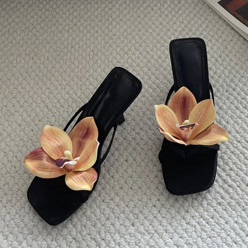 Orchid Flower Square Toe Party Prom Slippers For Woman Mules Shoes Pink Satin Clip On Low Heels Beach Flip Flops