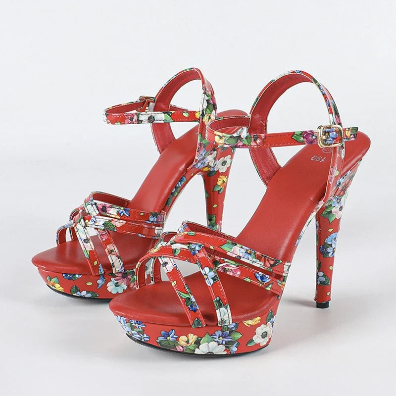 Design Print Leather Narrow Band Women Platform Sandal Sexy Peep Toe Super High Heels Banquet Party Shoes Size 43
