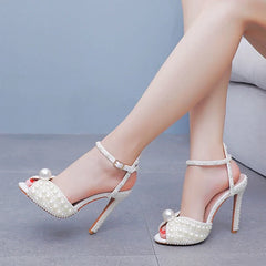 High Quality Handmade Pearl Thin Heels Sexy Ankle Strap White Sandals