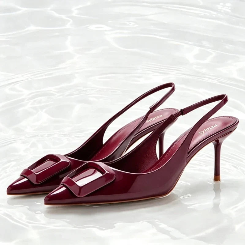 Elegant Square Buckle Detail Slingback Heels