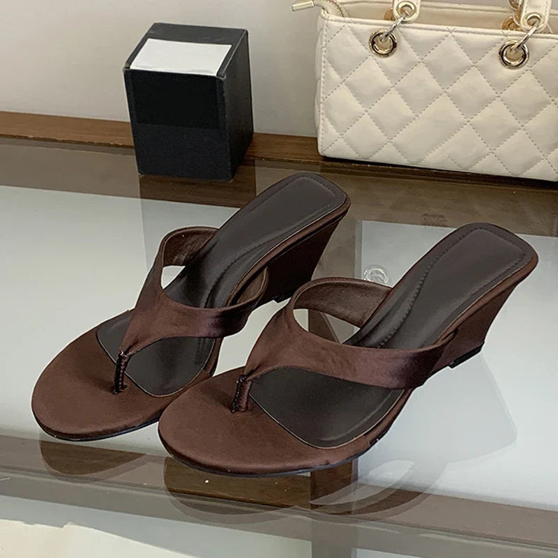 Brand Wedge Heel Slipper Slides Women Clip Toe Flip Flops Narrow Band Sandals