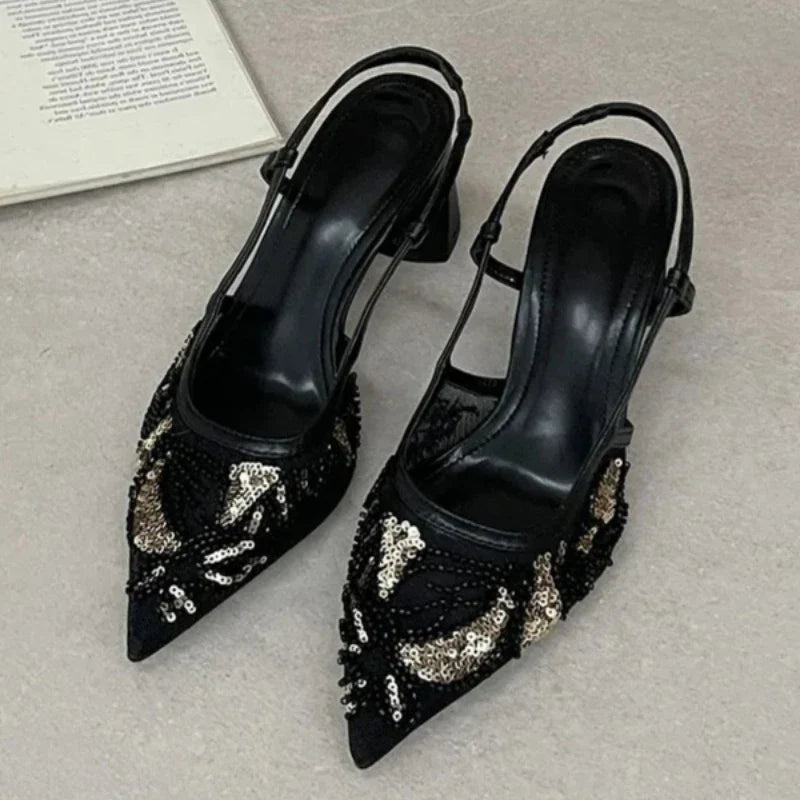 Sequin String Bead Embellished Heels