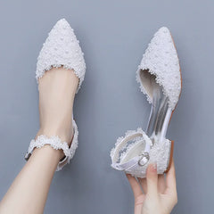pointed toe hollow white pearl lace flower square heel wedding shoes banquet large size flat women sandals