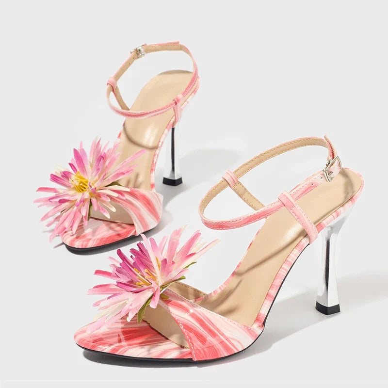 Flower Bud Open Toe Designer Sandal Female Buckle Strap Pink High Heels Party Prom Shoes Women Sandalias
