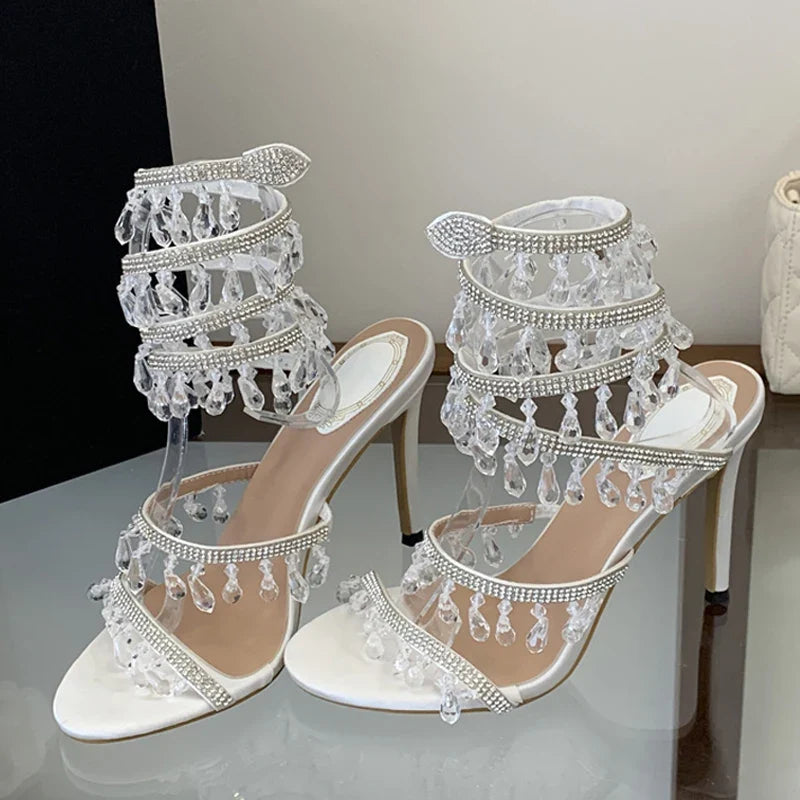 Elegant Women Wedding Banquet Shoes Crystal Pendant Ankle Strap Stiletto Sandal Sexy Open Toe Stripper Heels White