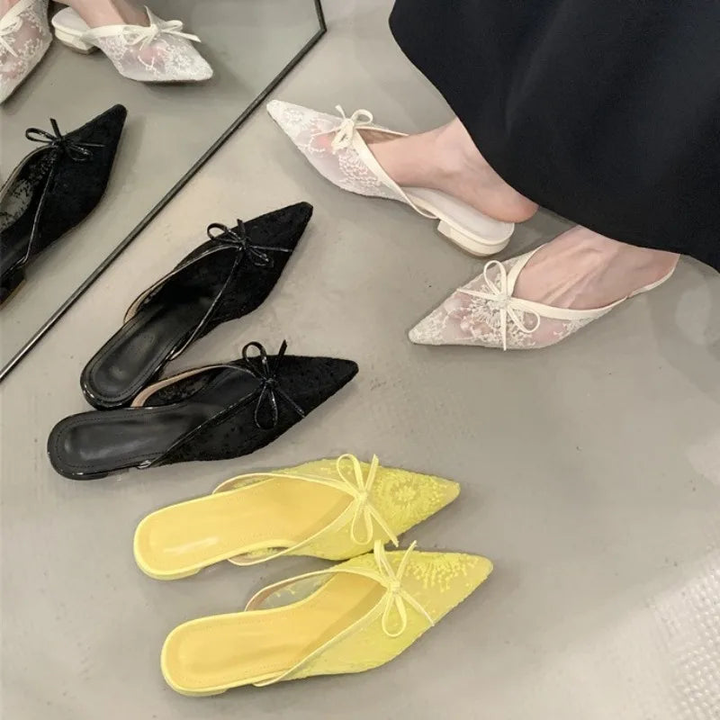 Sweet Bow Embroidered Flower Low Heel