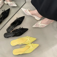Sweet Bow Embroidered Flower Low Heel