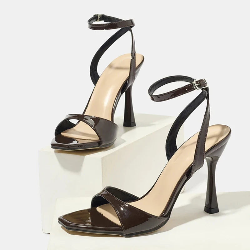 Coffee Brown Patent Leather Ankle Strap High Heeled Sandals
