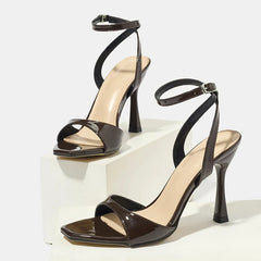 Coffee Brown Patent Leather Ankle Strap High Heeled Sandals
