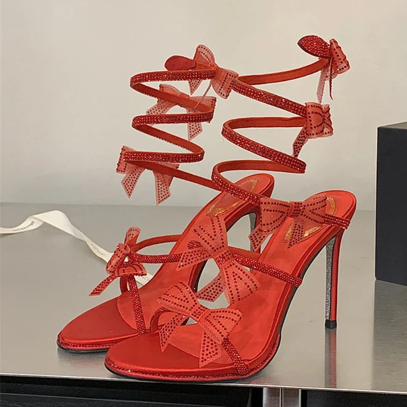 Rhinestones Mesh Bowknot Snake Coiled Women Gladiator Sandals