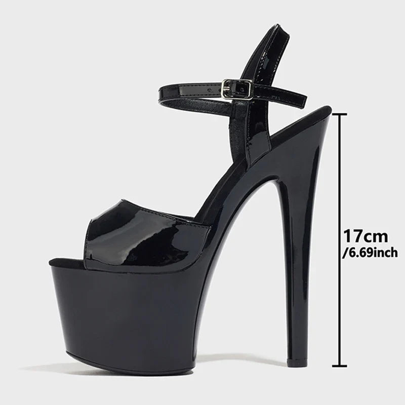 Big Size 42 43 Sexy Party Club Stripper Pole Dance Shoes Black Patent Leather Super High Heels Platform Sandals